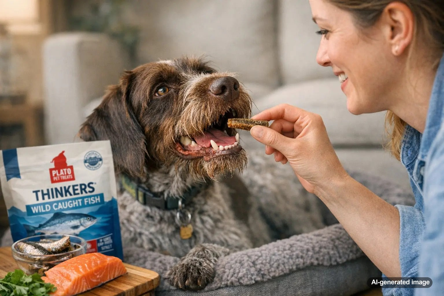 Dog enjoying fish treats from Plato Pet Treats with omega rich seafood ingredients
