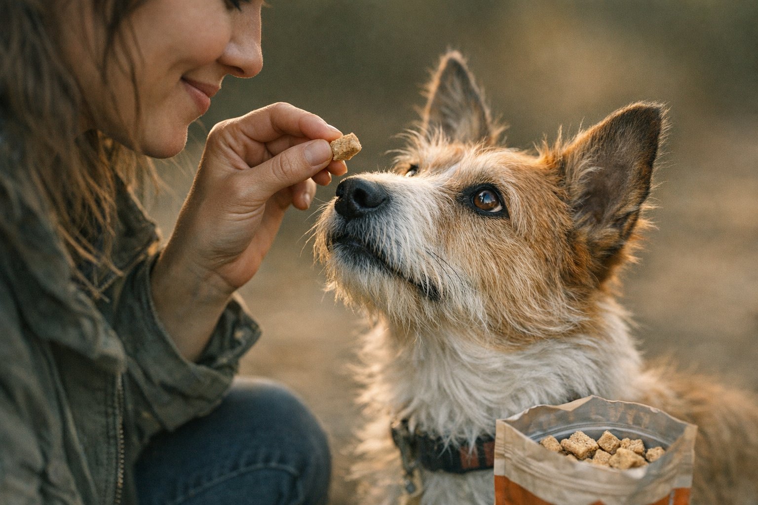 Dog training session featuring chicken-style dog treats as a high-value reward