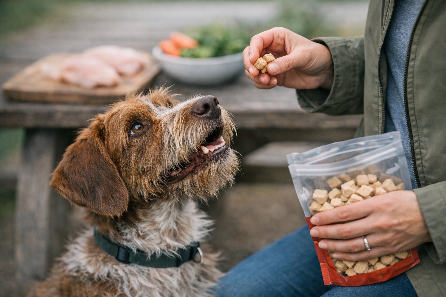 Dog enjoying a chicken treat while illustrating why freeze dried chicken dog treats are so popular with dog owners