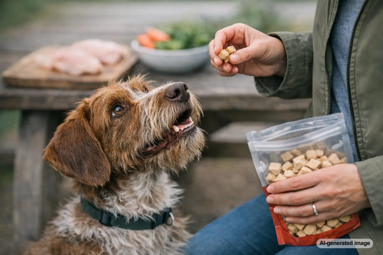 Dog enjoying a chicken treat while illustrating why freeze dried chicken dog treats are so popular with dog owners