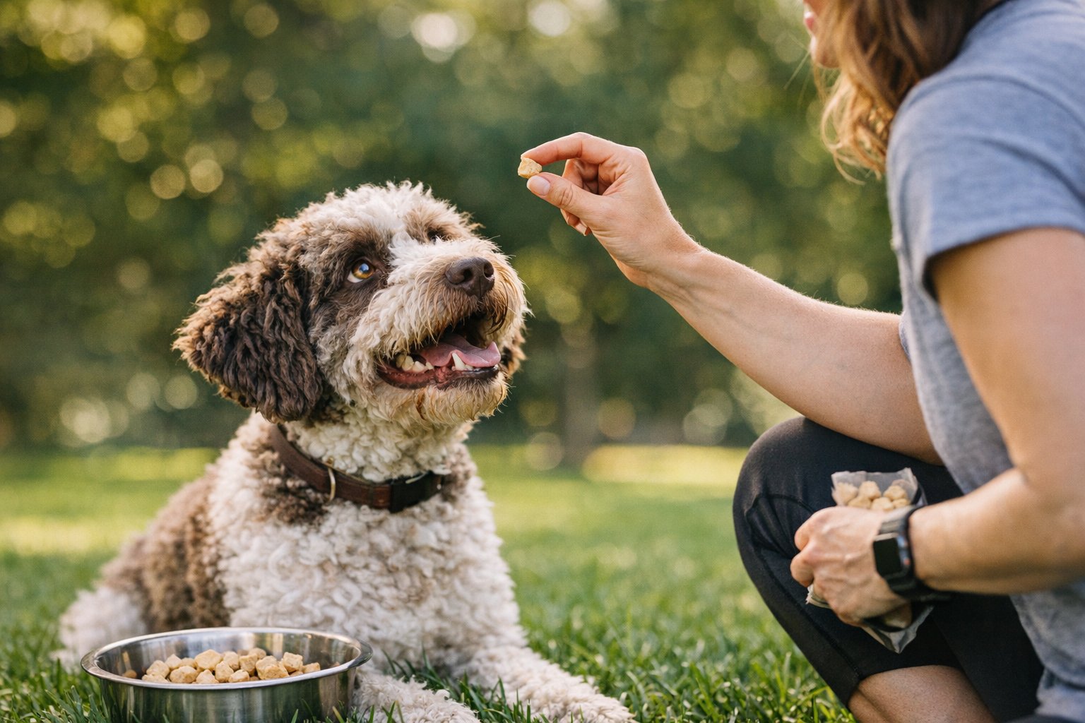 Dog training session with small protein-rich treats that reward focus and learning