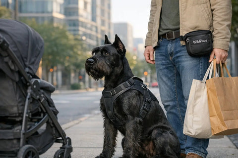 Giant Schnauzer standing alert in an urban environment, showcasing protective instincts and confident posture