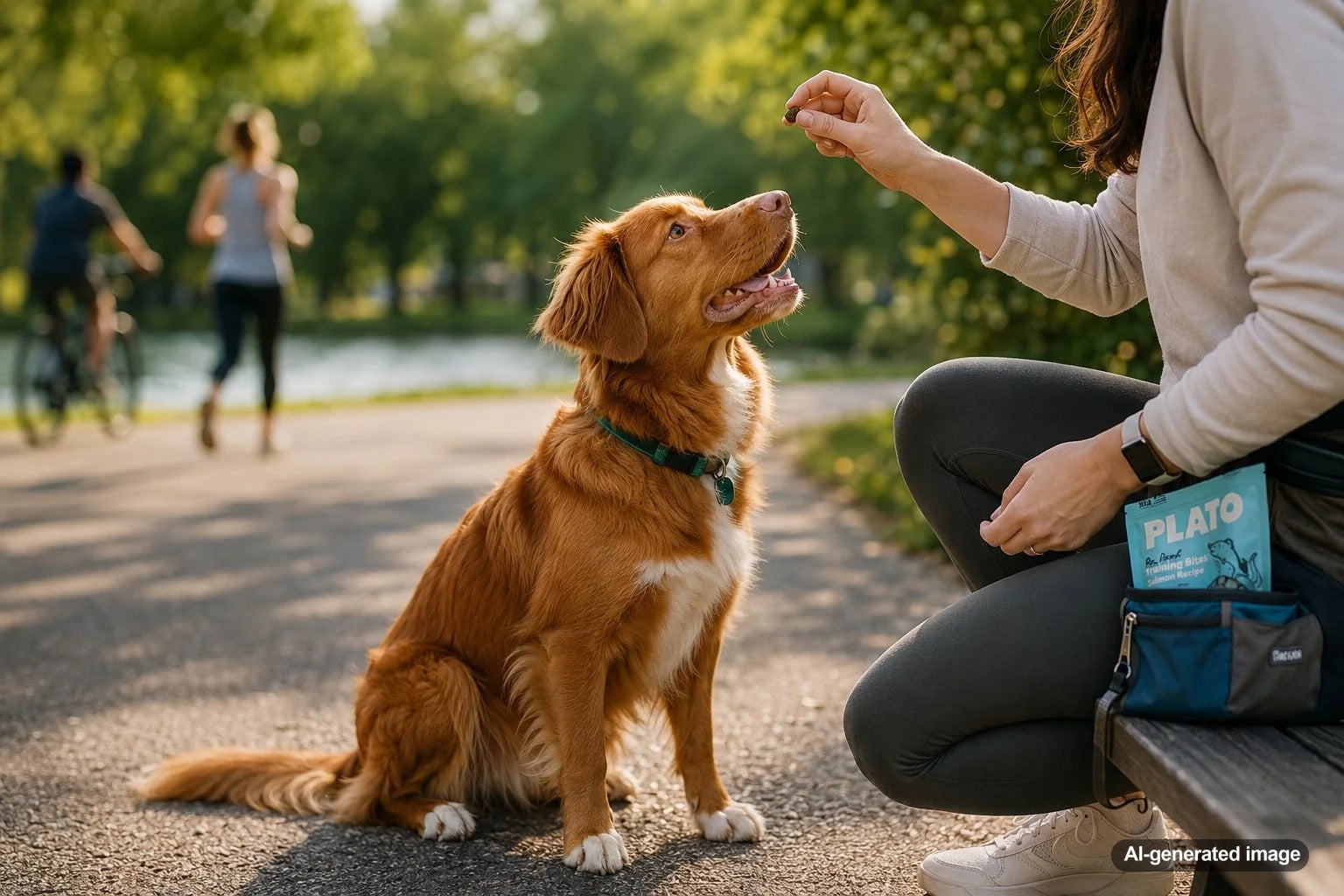 Dog focusing on its owner for a high-value training reward in a distracting outdoor environment