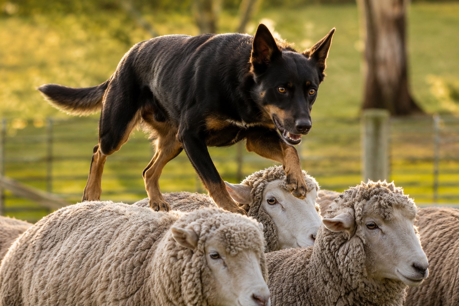 Australian Kelpie running across the backs of sheep while herding a flock
