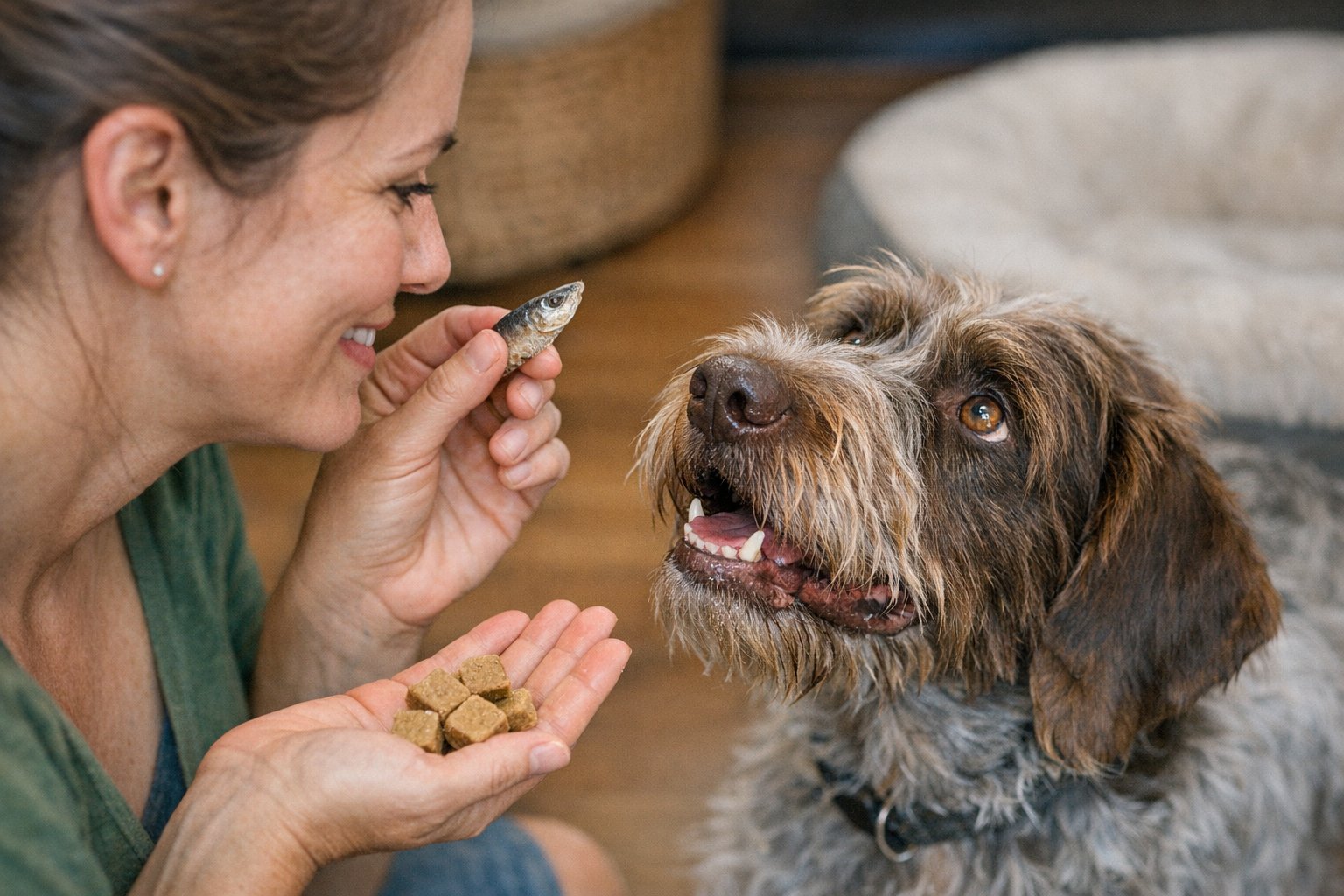 Dog enjoying limited ingredient fish treats beside omega-rich air-dried dog treats from Plato Pet Treats
