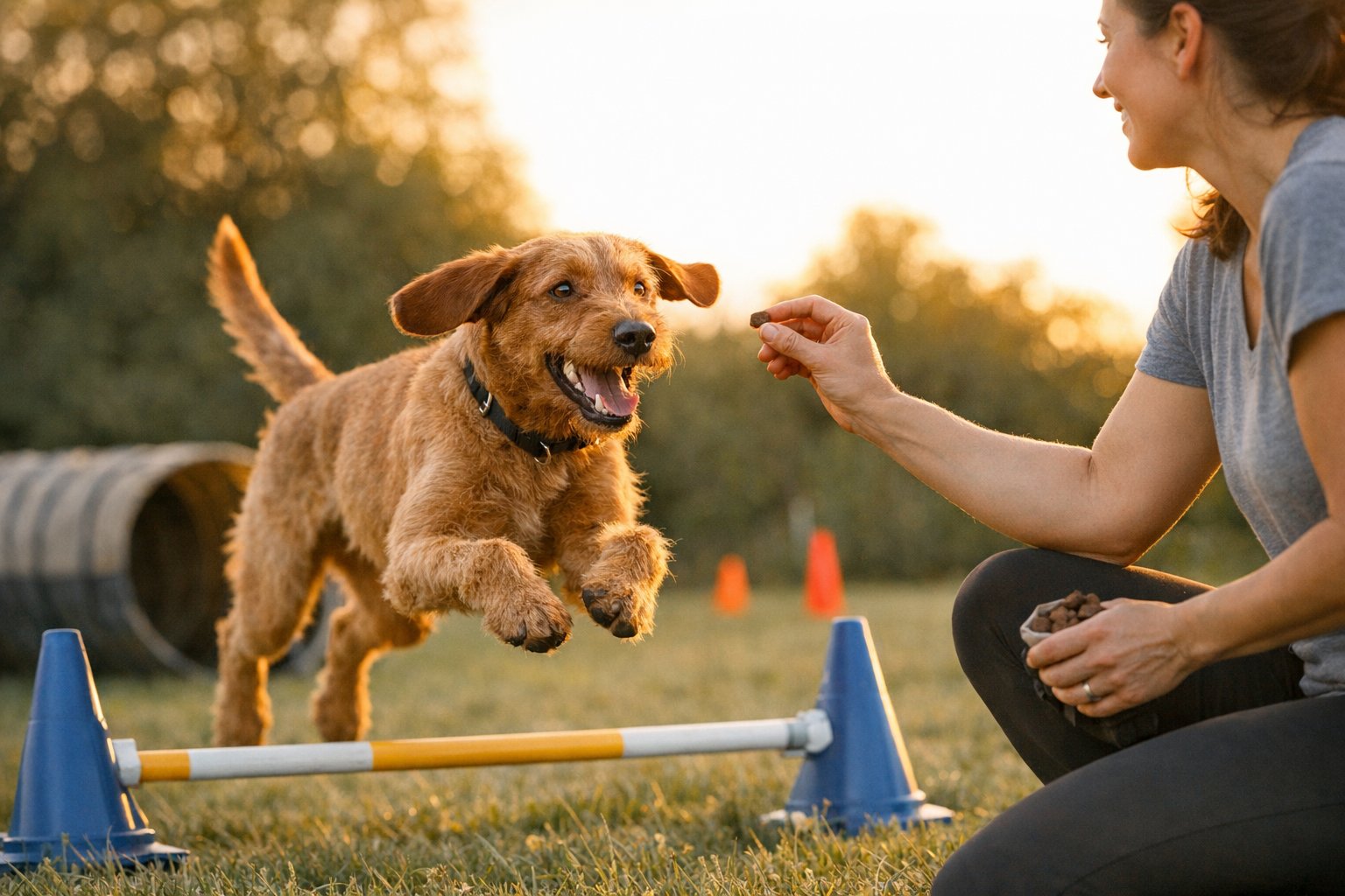 Dog eagerly watching a training treat during a positive reinforcement session