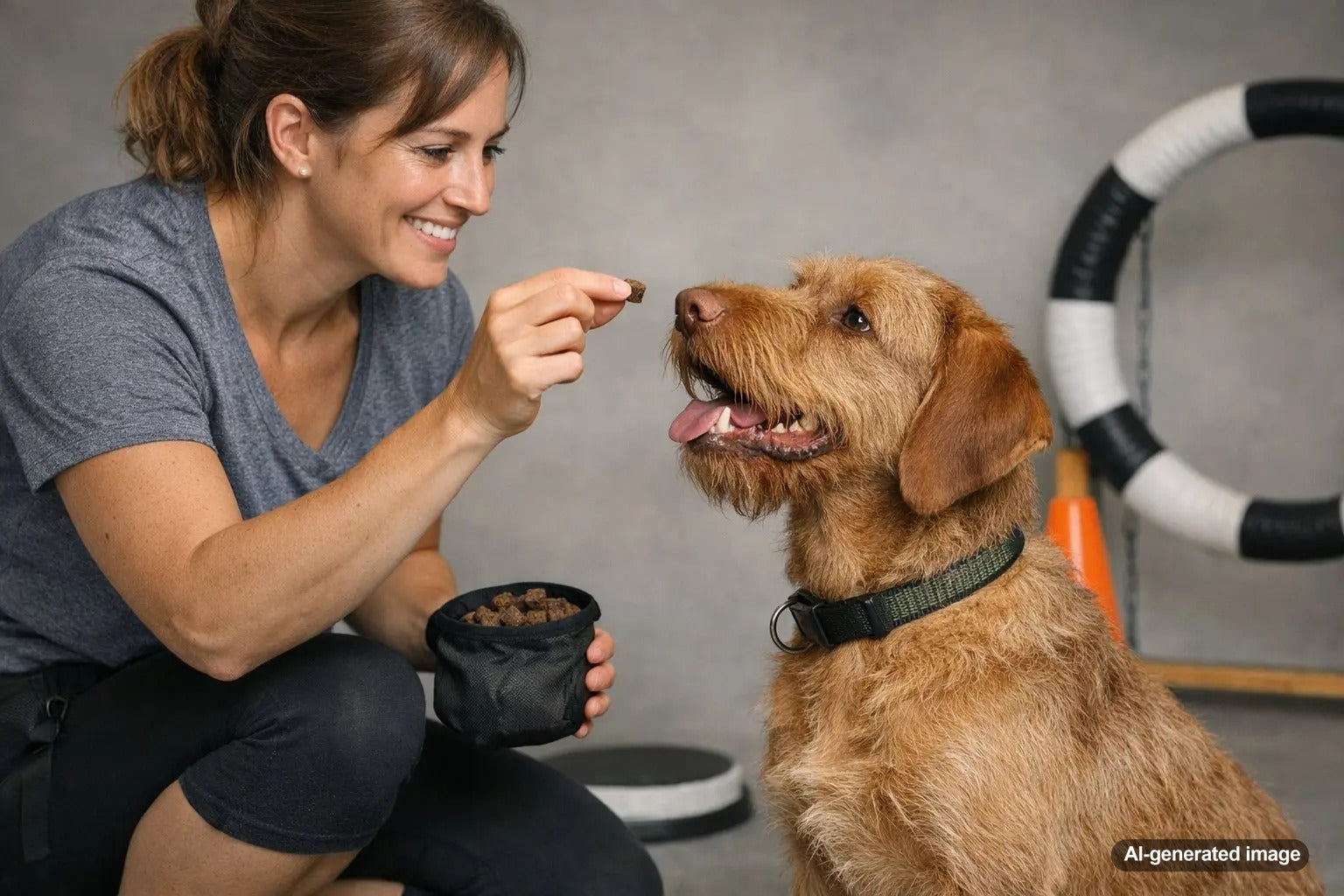 Dog eagerly watching a liver-style training treat while learning with its pet parent