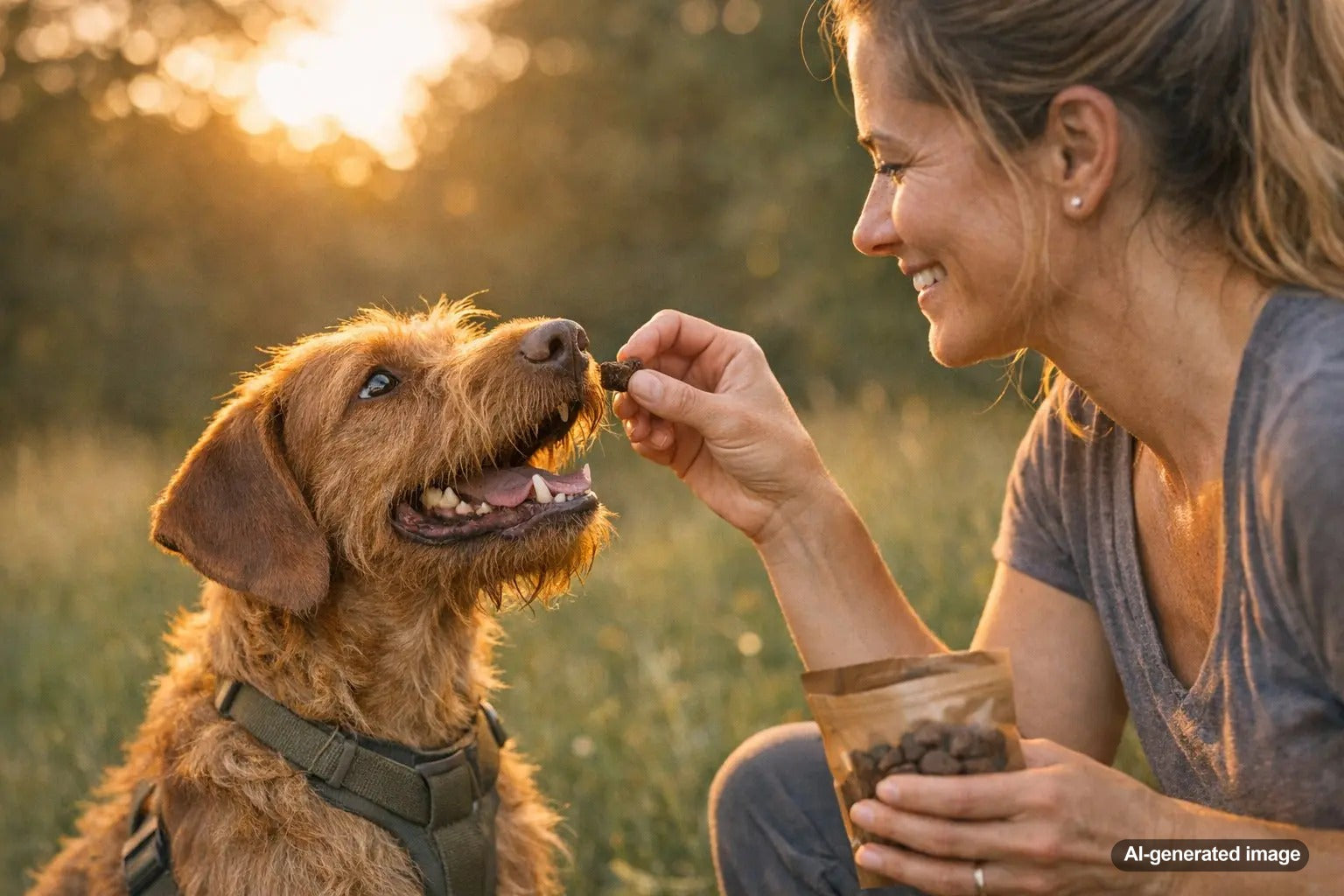 Dog focused during training while waiting for a high-value liver-style reward treat