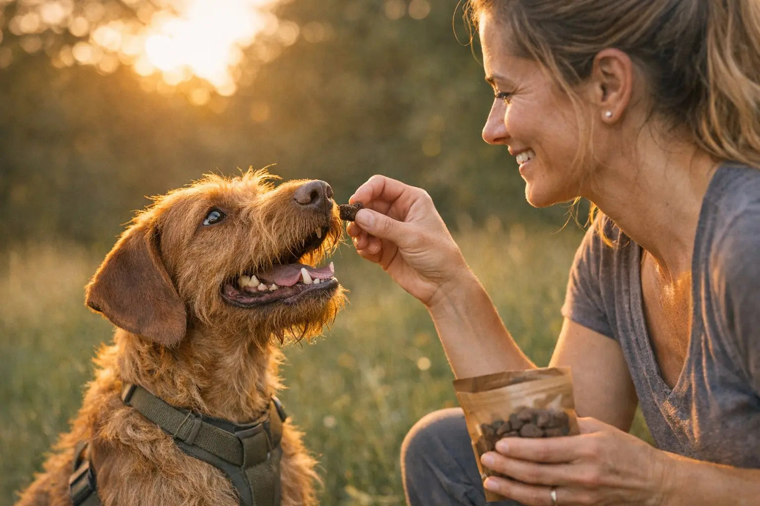 Dog focused during training while waiting for a high-value liver-style reward treat
