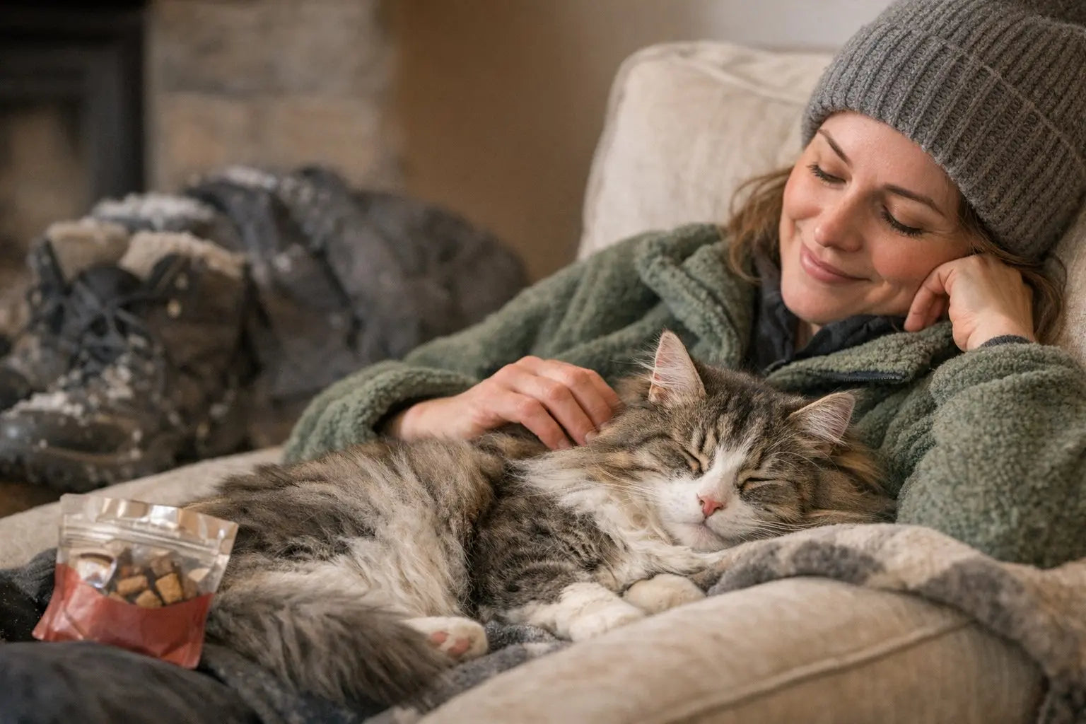 Norwegian Forest Cat in a snowy sub-zero forest with a thick winter coat