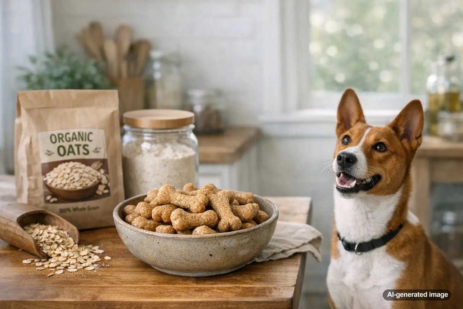 Happy dog with oat flour dog treats