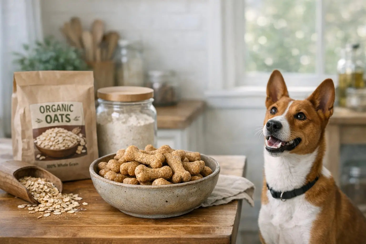 Happy dog with oat flour dog treats