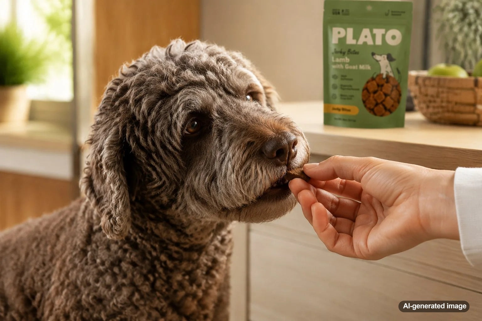 Older dog comfortably enjoying a soft-textured treat from Plato Pet Treats