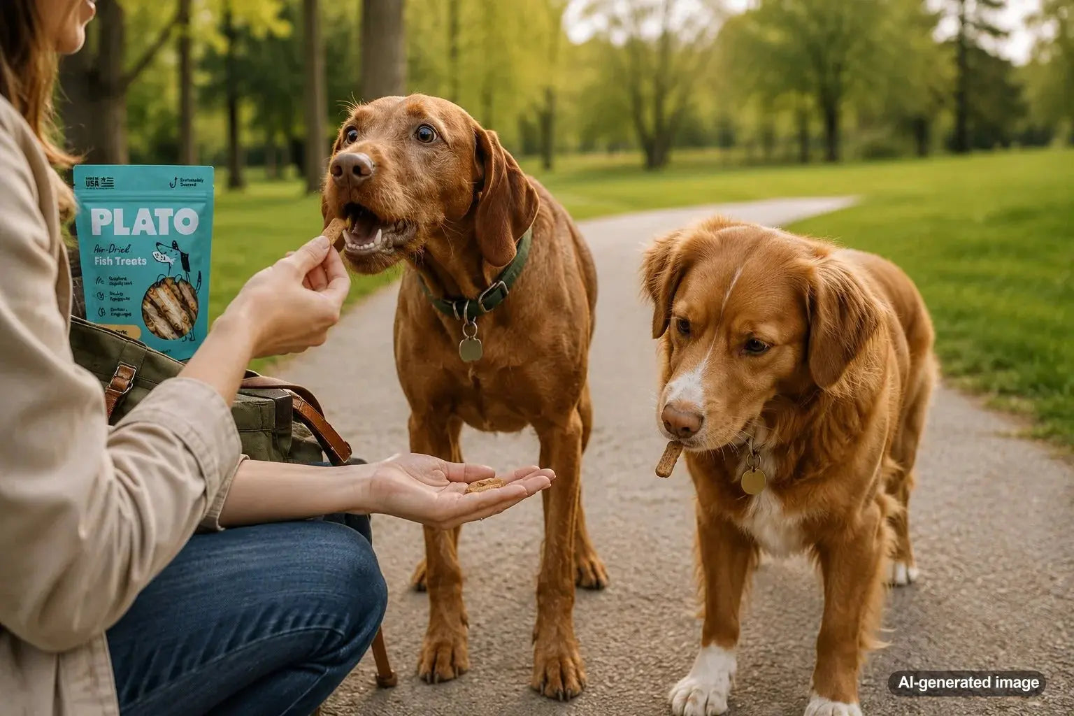 Two dogs with different treat eating styles, one eager and one calmly savoring a Plato Pet Treats snack
