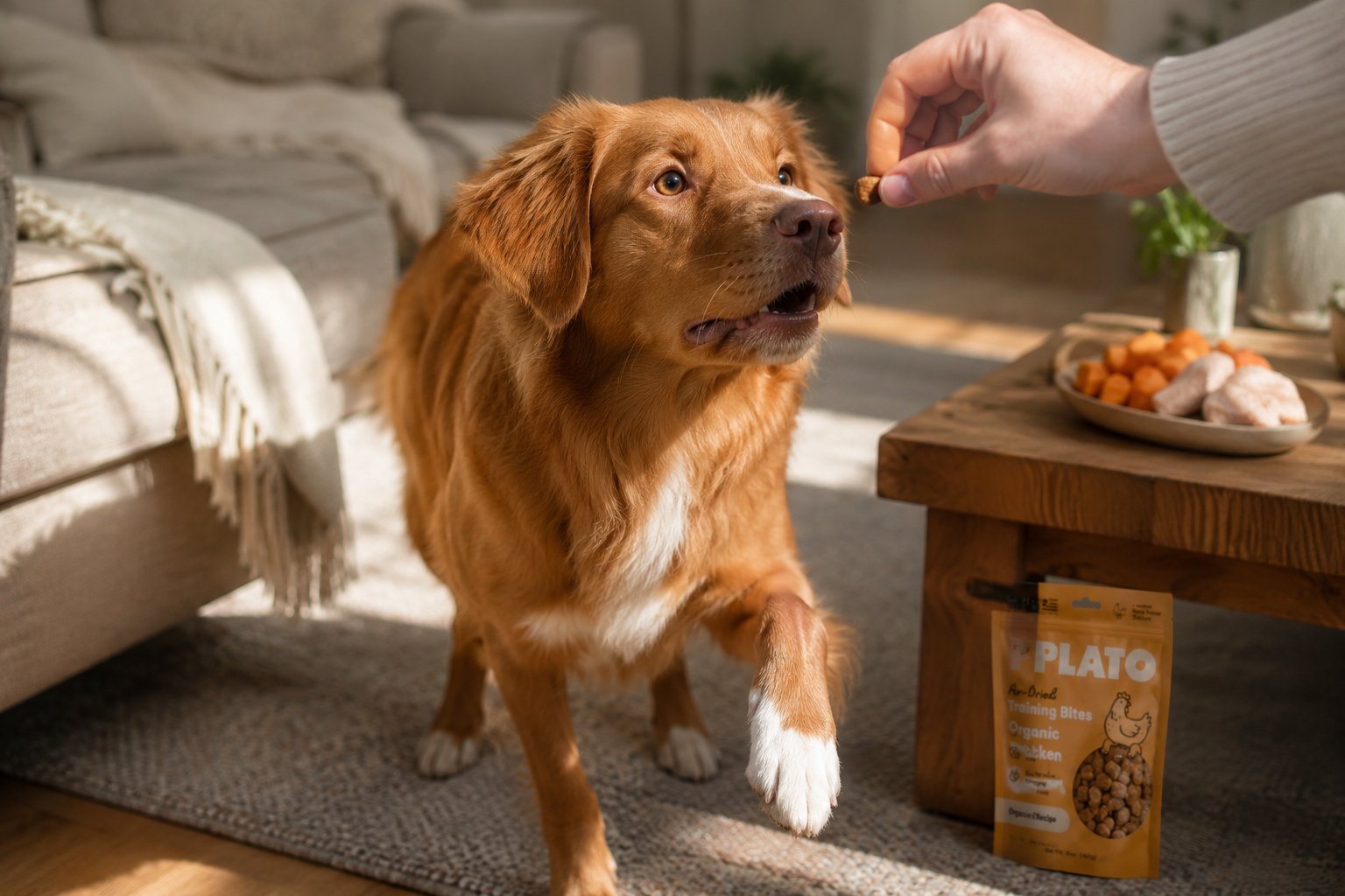 Dog enjoying organic dog treats made with clean ingredients from Plato Pet Treats