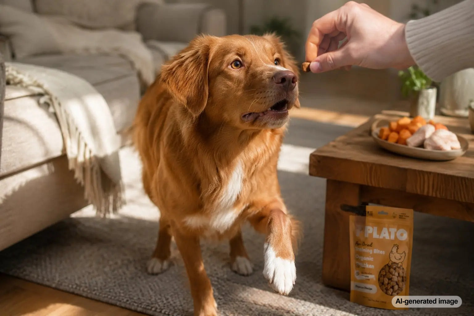 Dog enjoying organic dog treats made with clean ingredients from Plato Pet Treats