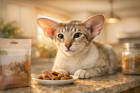 Oriental Shorthair cat with oversized satellite-dish ears sitting alert and curious