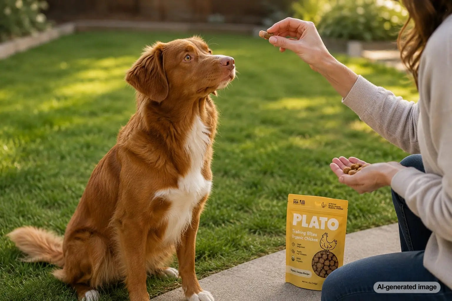 Dog enjoying quick chicken rewards during positive training with Plato Pet Treats