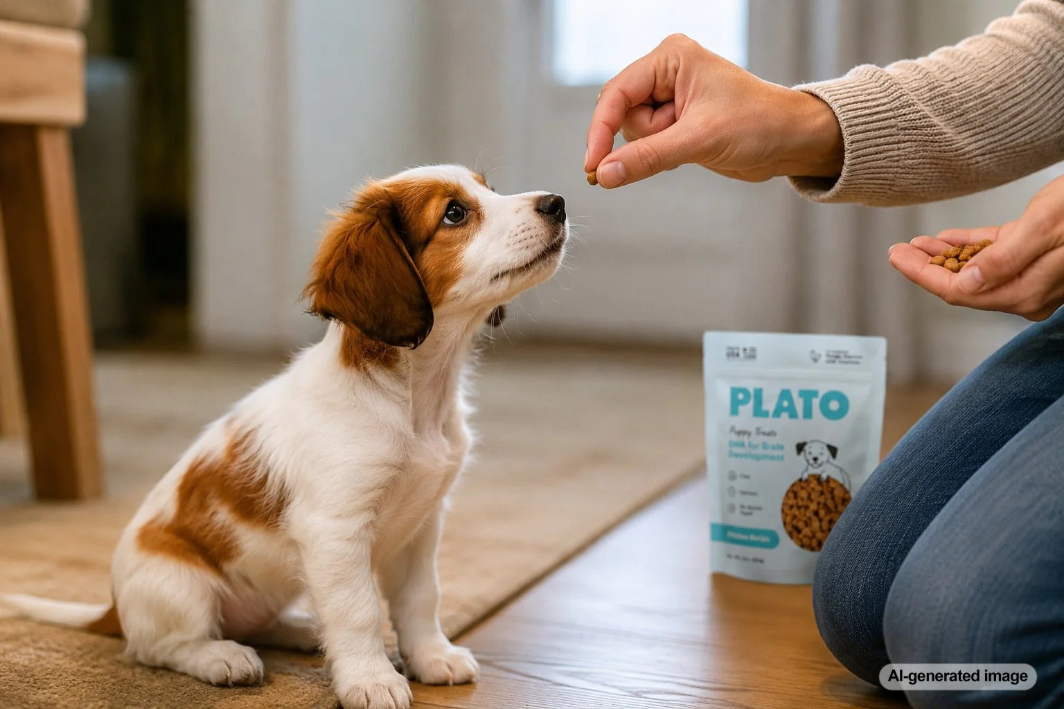 Puppy receiving a tiny training reward during a positive reinforcement session