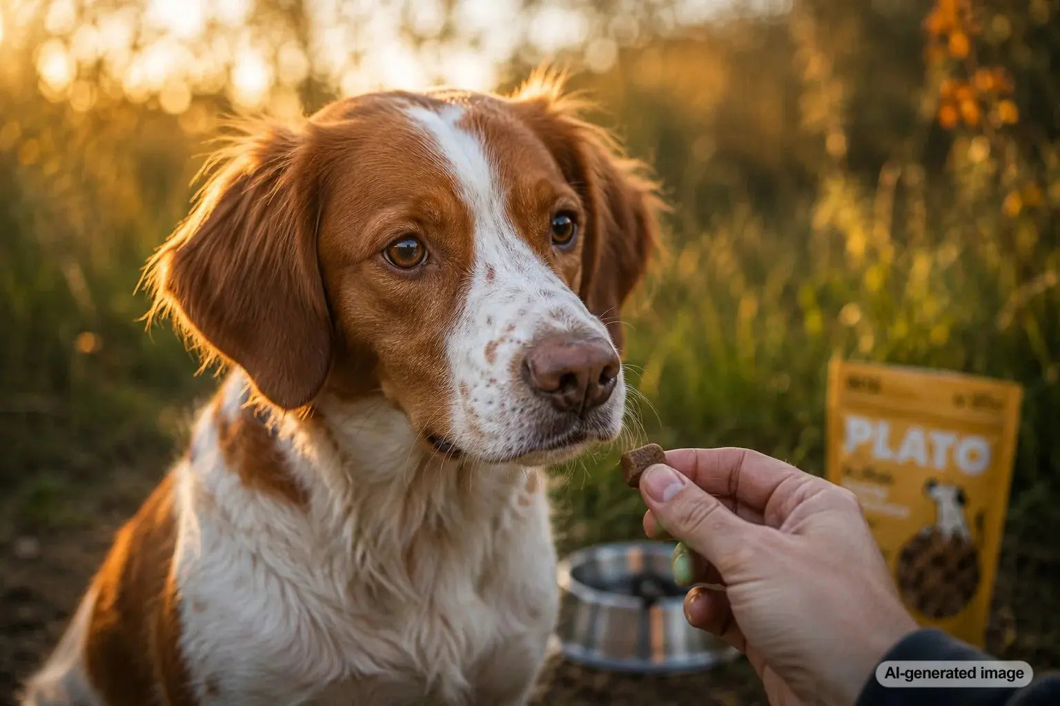 Rescue dog calmly receiving a food reward during gentle positive reinforcement training