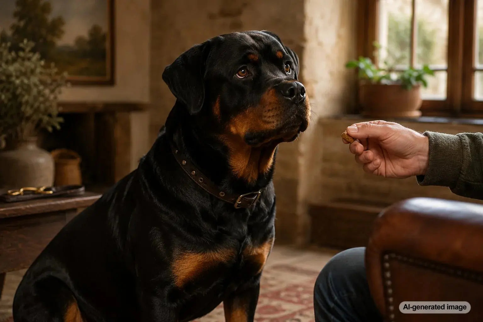 Rottweiler standing proudly outdoors, representing the breed's history as Roman drover dogs