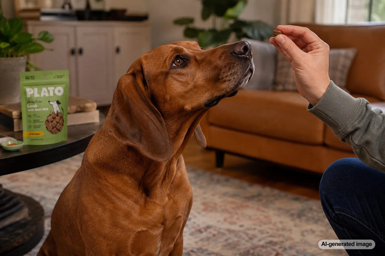 Scent-driven dog focusing on high-value Plato Pet Treats during reward-based training
