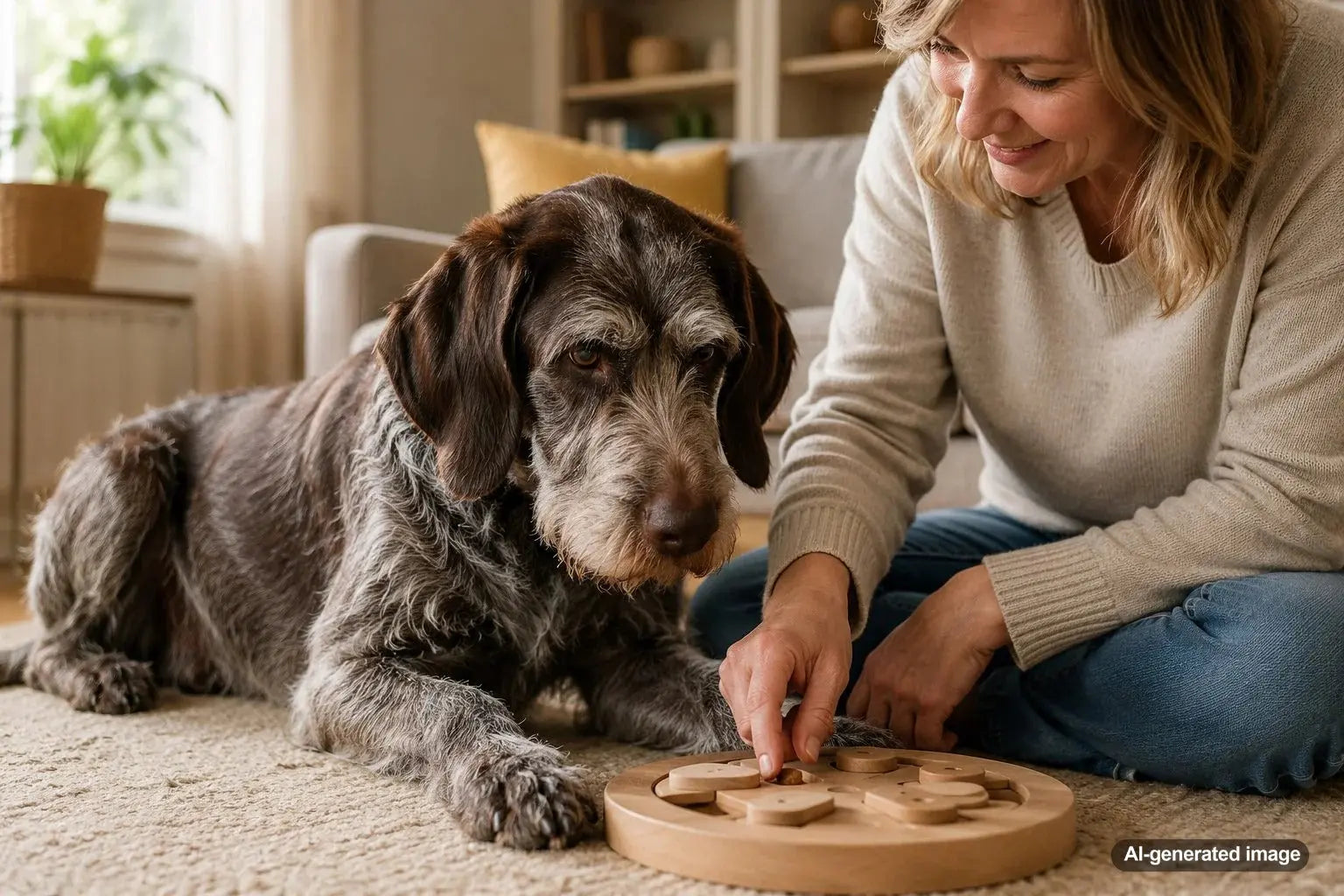 Senior dog enjoying a gentle mental enrichment activity with an interactive treat puzzle at home