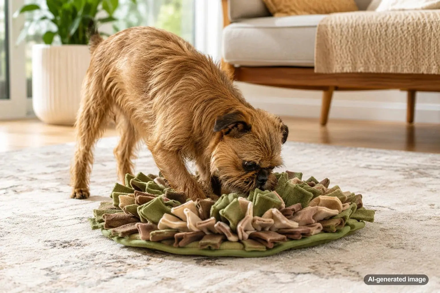 Small dog enjoying an engaging enrichment activity with treats and interactive play