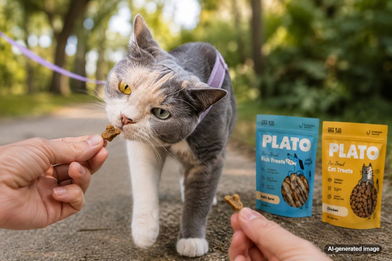 Curious cat sniffing fish flavored treats beside poultry treats for a blog about feline treat preferences