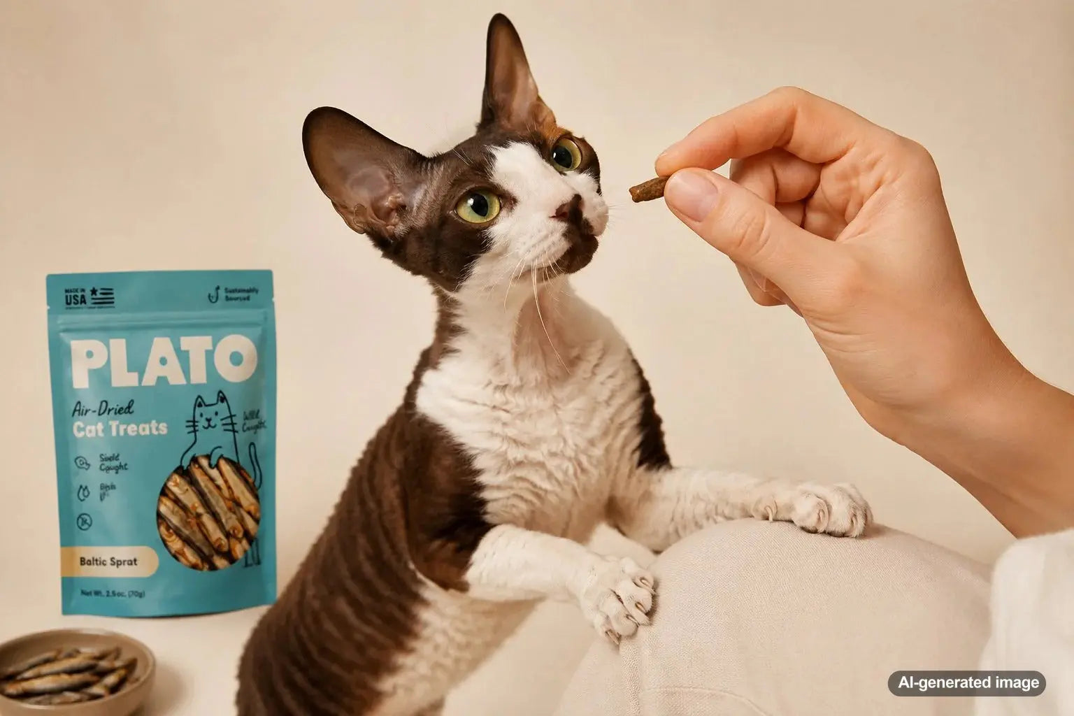 Cat looking for attention from its owner during snack time with healthy cat treats