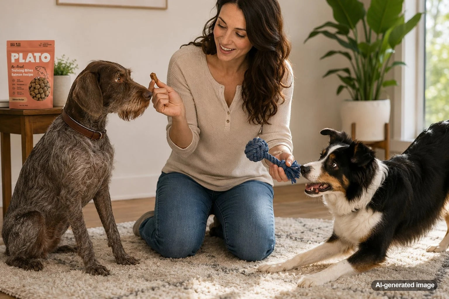 Dog choosing between food rewards and a favorite toy during a positive reinforcement training session