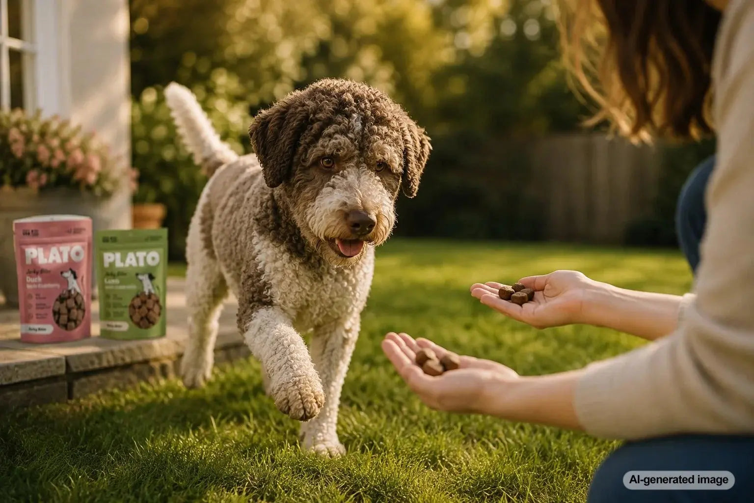 Dog enjoying novel protein treats made with duck or lamb from Plato Pet Treats