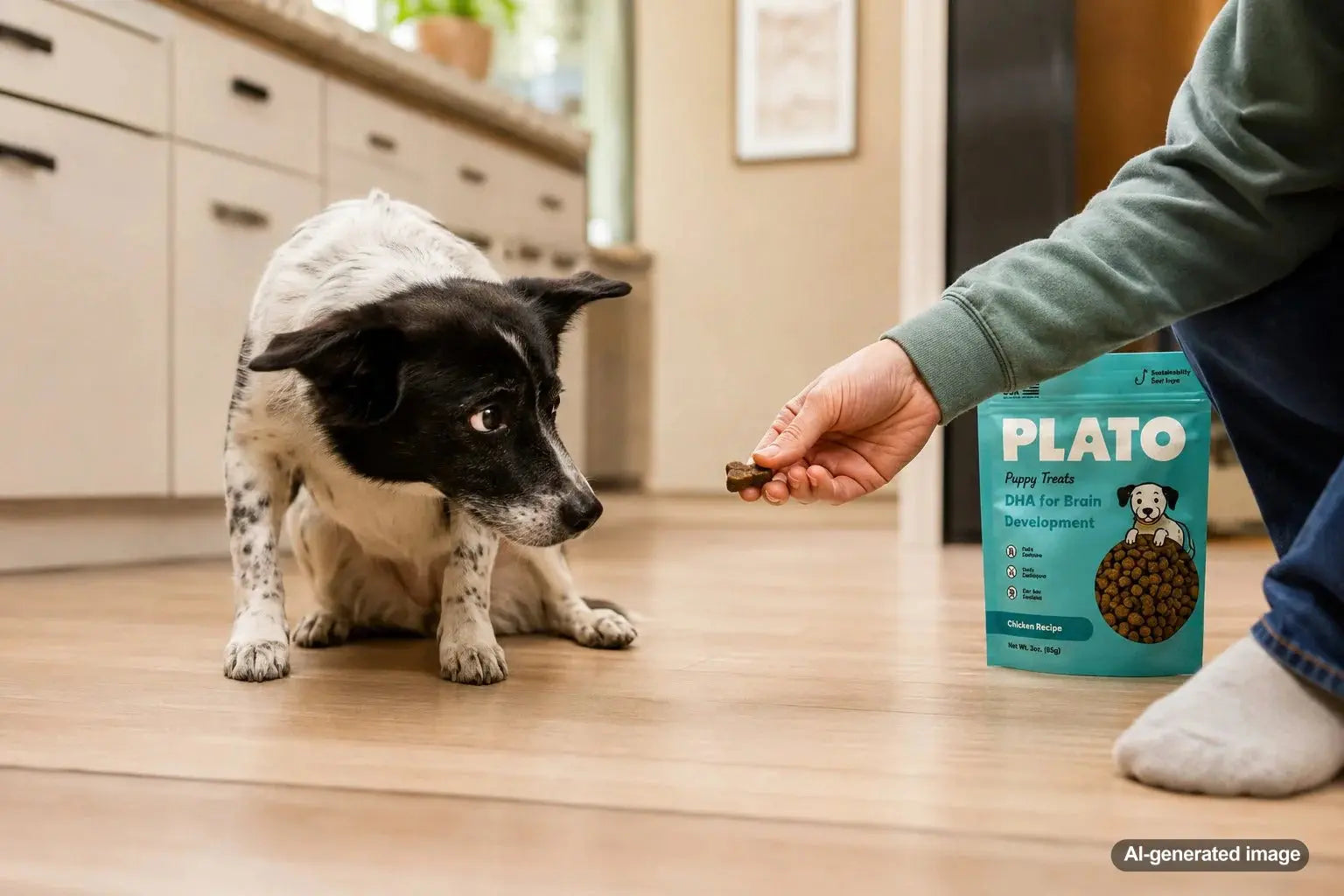 Nervous dog turning away from a treat while its owner responds calmly