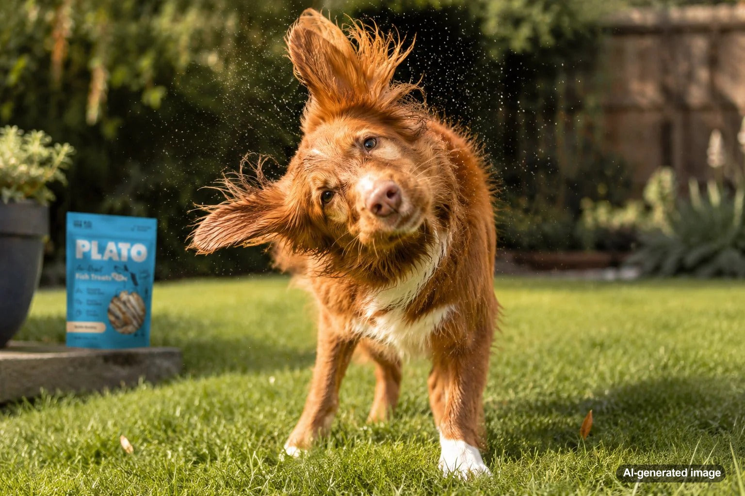 Dog performing a full-body shake after enjoying a treat