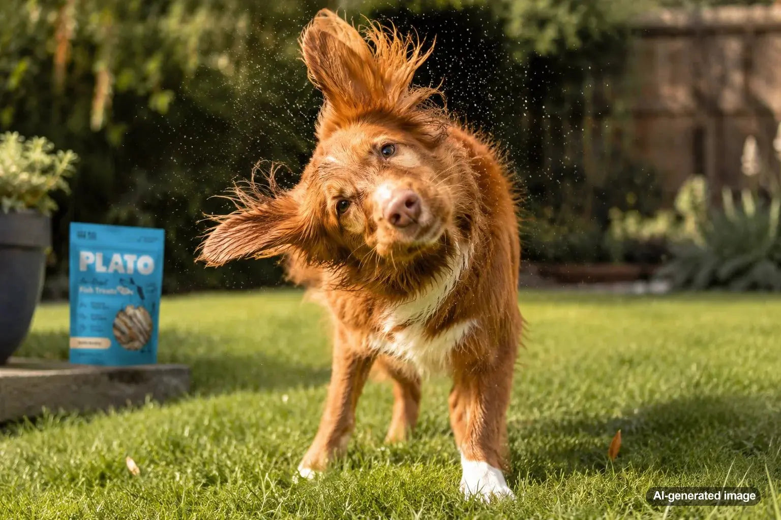 Dog performing a full-body shake after enjoying a treat