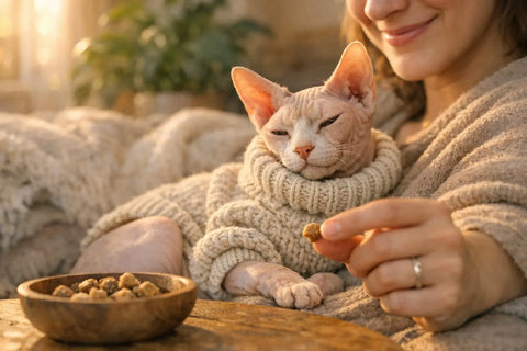 Sphynx cat resting comfortably, highlighting why Sphynx cats feel warmer than furred breeds