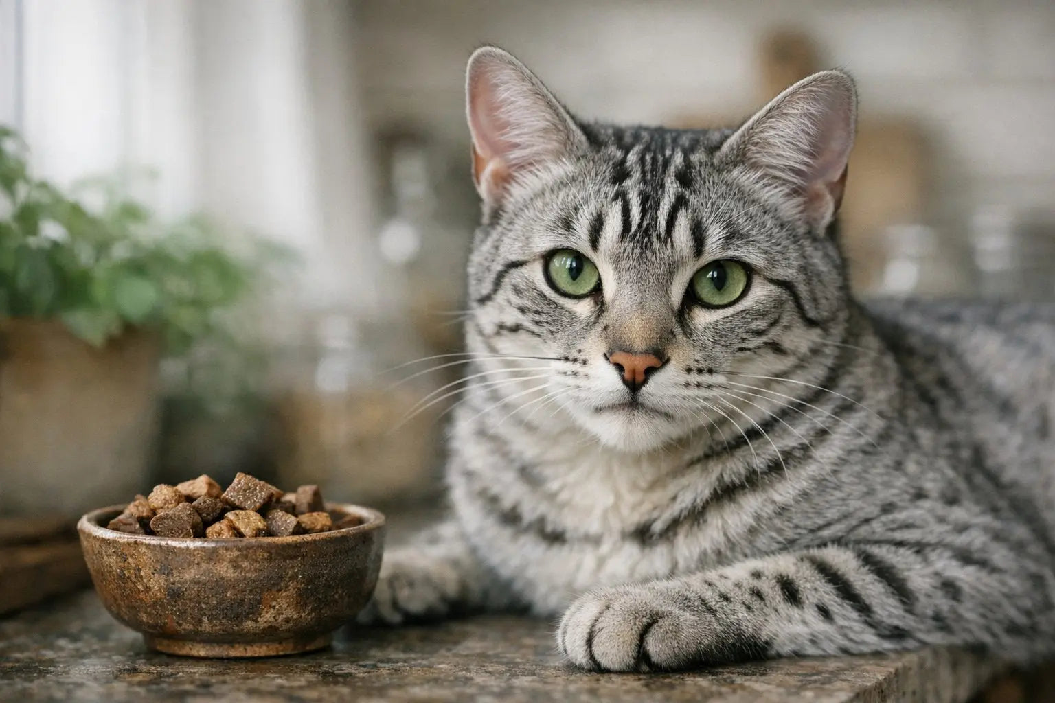 Close-up of a tabby cat showing the distinctive M-shaped marking on its forehead