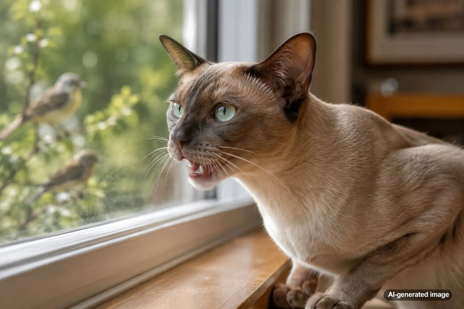 Tonkinese cat chattering at birds through a sunny window