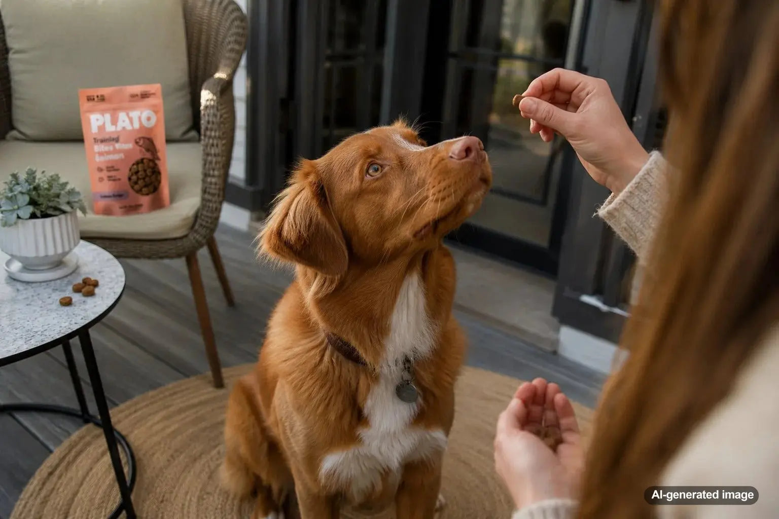 Dog receiving a small training treat during a reward-based training session