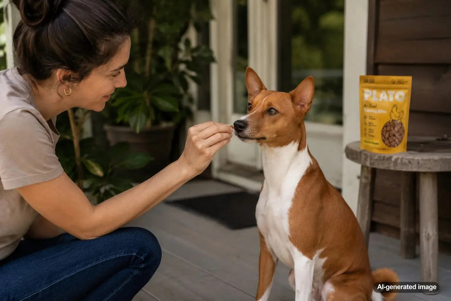 Dog receiving a training treat during positive reinforcement training with Plato Pet Treats
