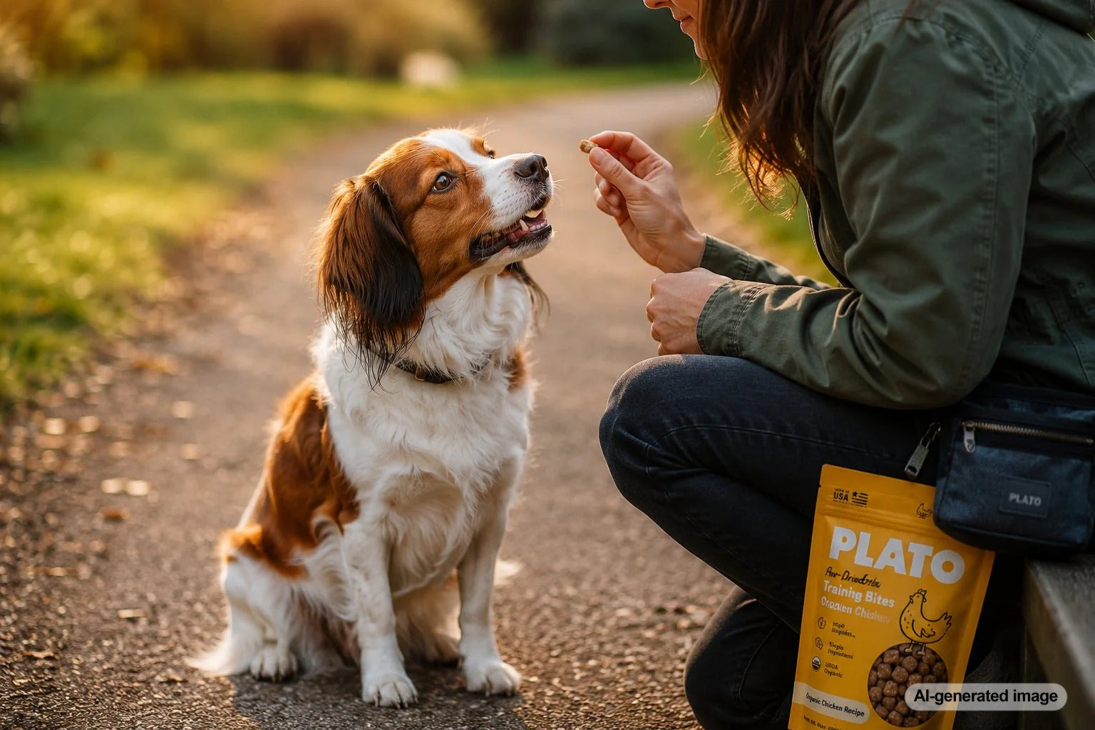 Dog owner bonding with a dog during positive training with healthy training treats