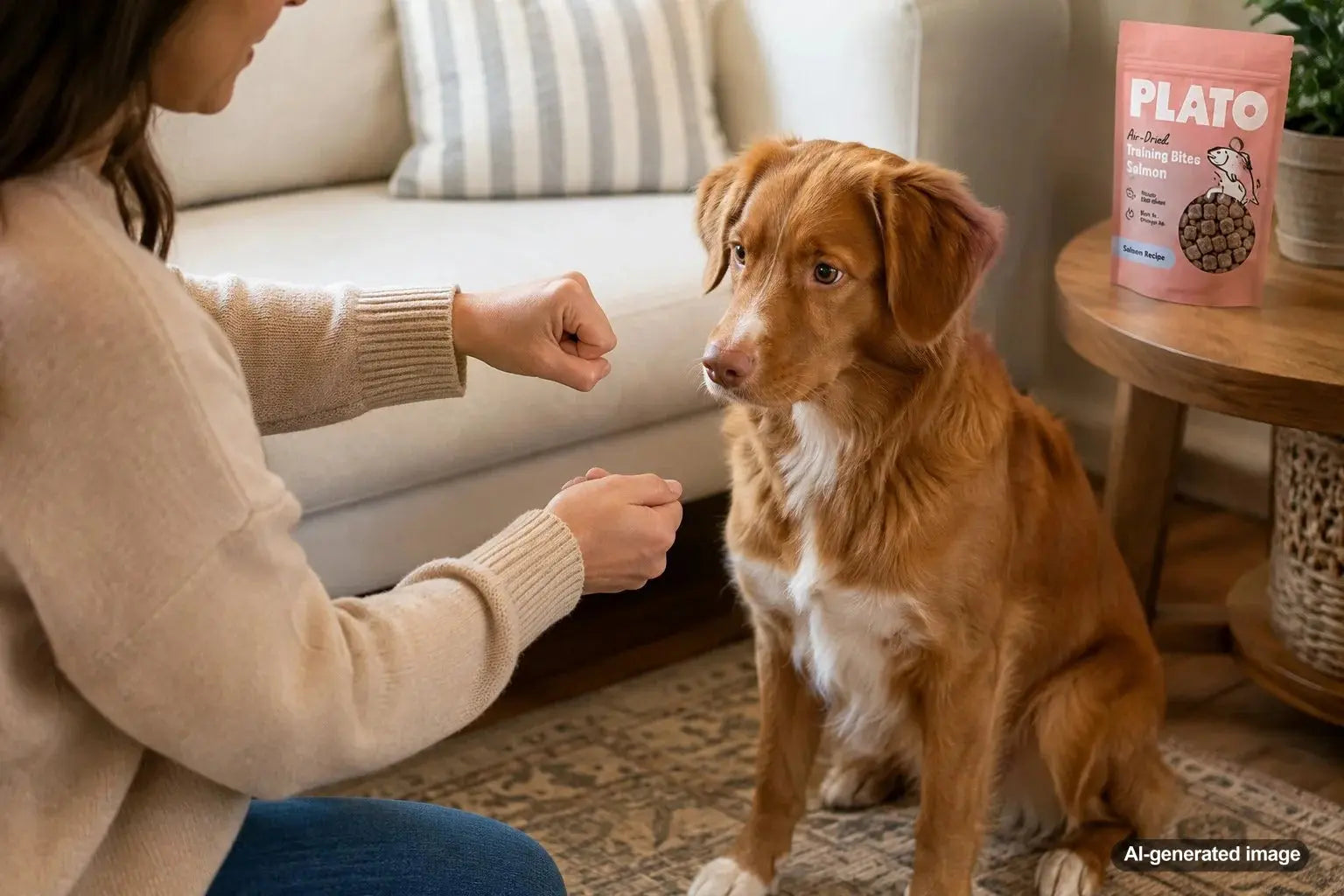 Dog checking both hands for a hidden treat during a training game