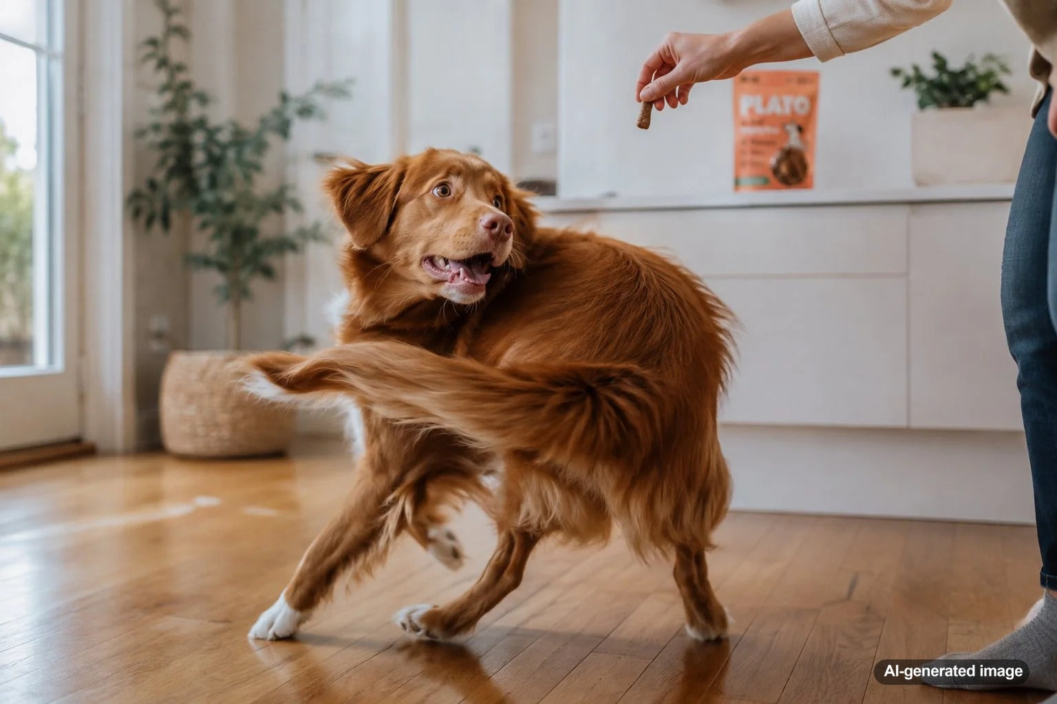 Excited dog spinning in a circle while waiting for a snack