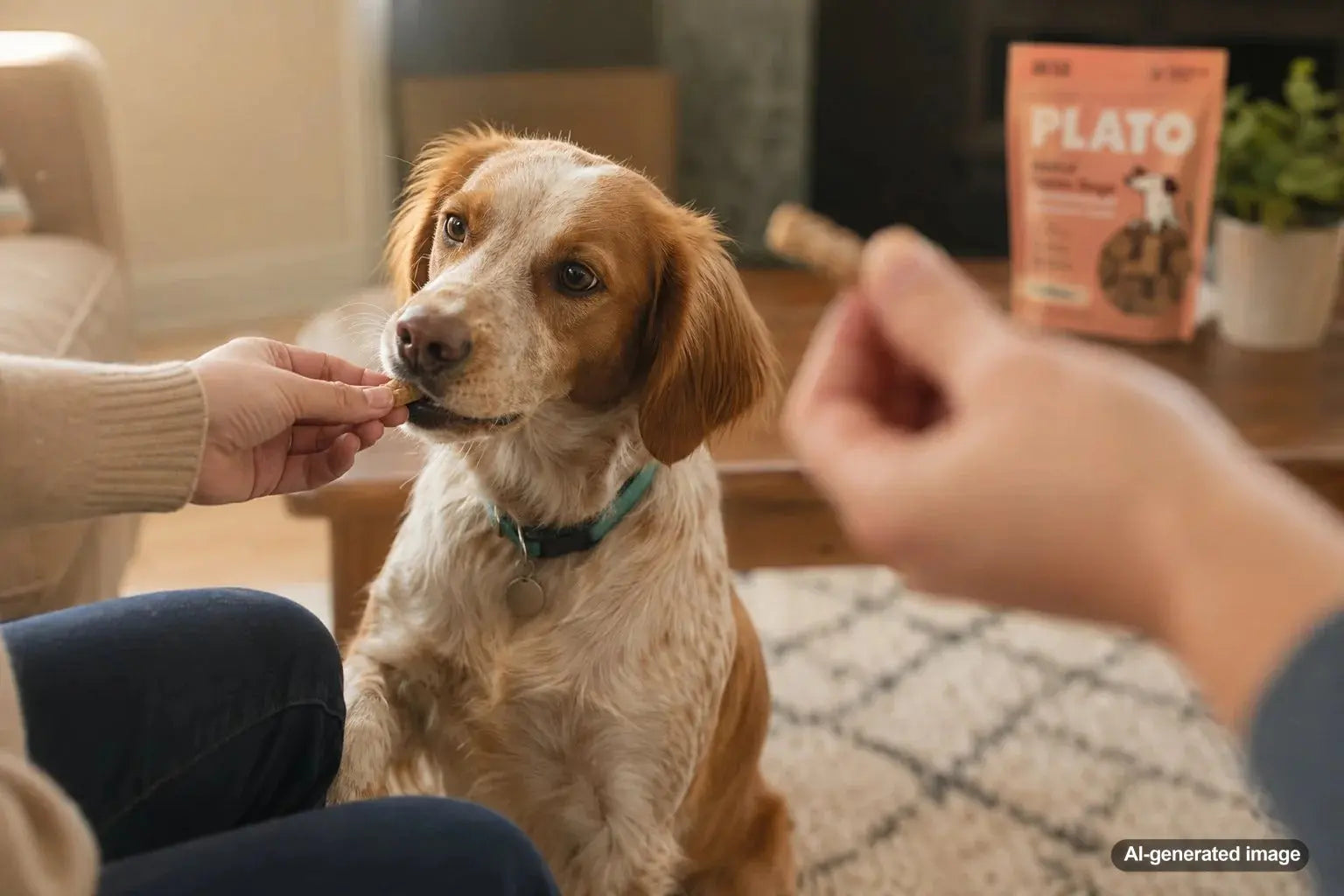 Dog gently taking a training treat from a person during a calm reward-based training moment