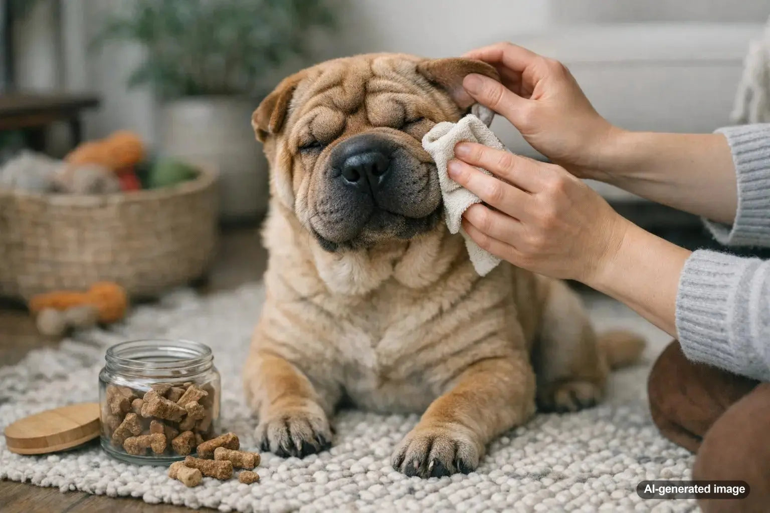 Shar-Pei dog receiving gentle wrinkle and ear care for healthy skin