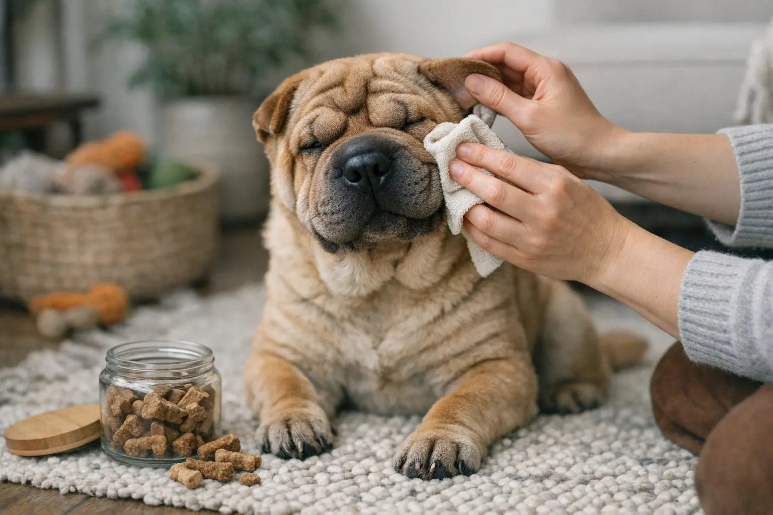 Shar-Pei dog receiving gentle wrinkle and ear care for healthy skin