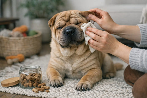 Shar-Pei dog receiving gentle wrinkle and ear care for healthy skin