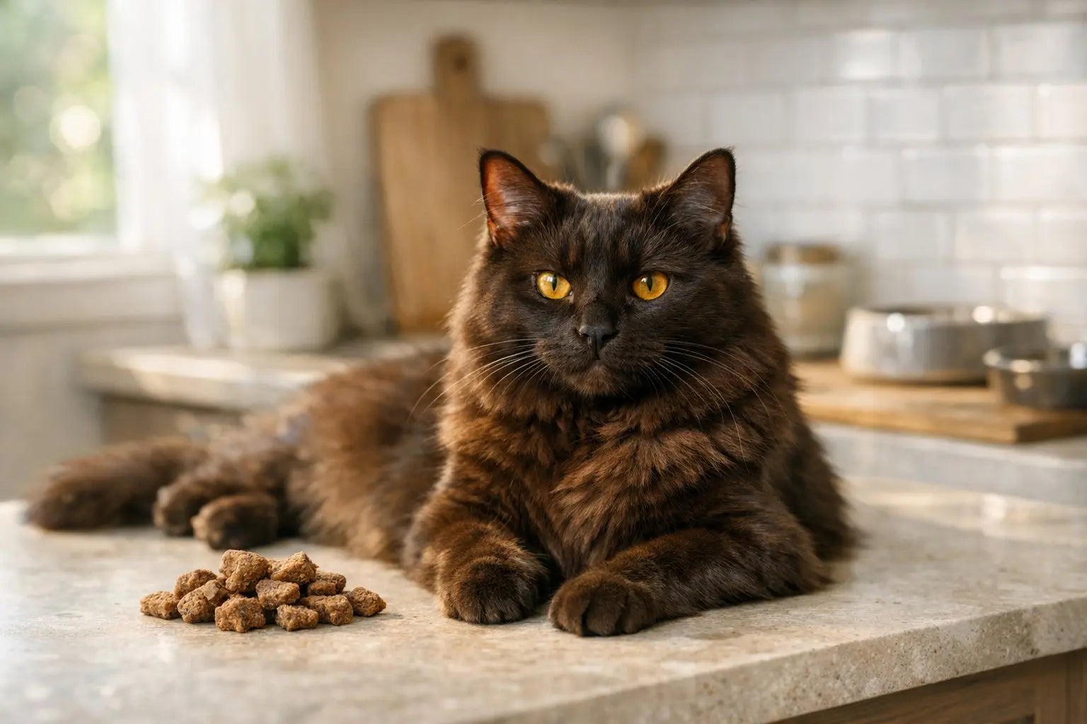 York Chocolate cat with long luxurious chocolate-brown coat
