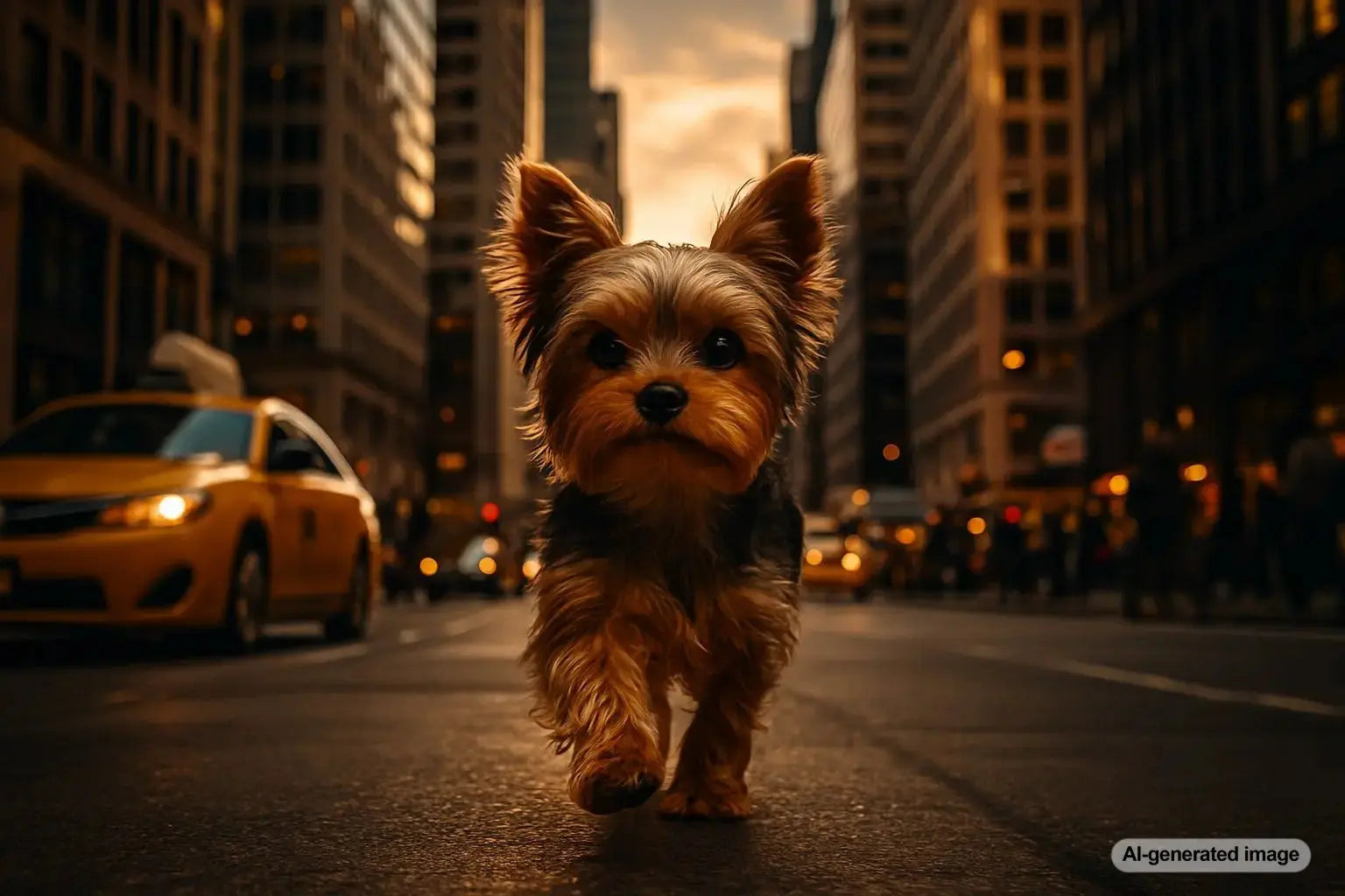 Yorkie walking in city street