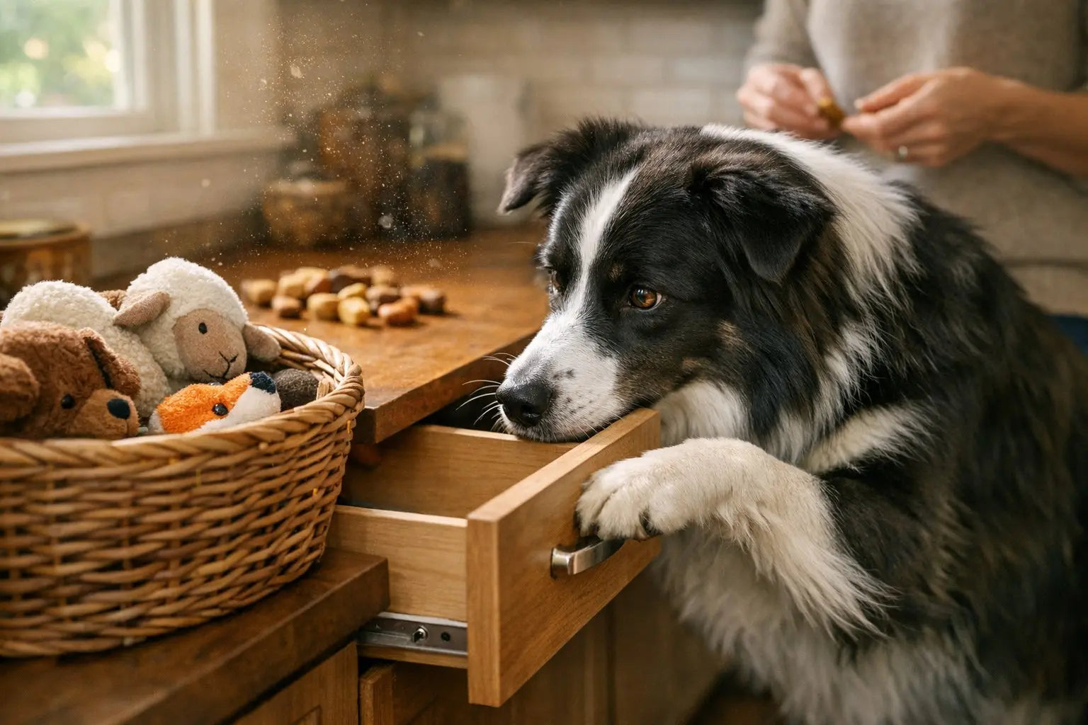 Border Collie looking bored at home with DIY enrichment job ideas